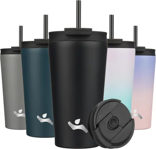 Miniatura 30 de Konokyo Vaso aislado de 18 onzas con tapa y 2 pajillas, botella de agua de acero inoxidable, taza de viaje al vacío, taza de café, color blanco ángel