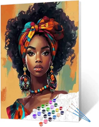 Miniatura 21 de Pintura de niña afro a la moda, kits de pintura por números, 16 x 20 pulgadas, lienzo de hojas tropicales, pintura al óleo para niños y adultos
