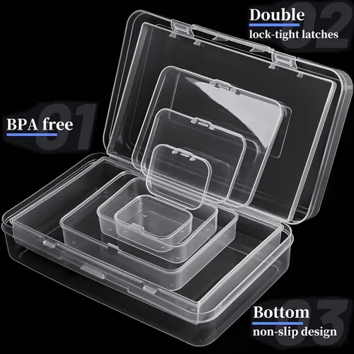 Miniatura 3 de Paquete de 7 mini recipientes de plástico rectangulares de varios tamaños, cajas de almacenamiento de plástico transparente con tapas con bisagras