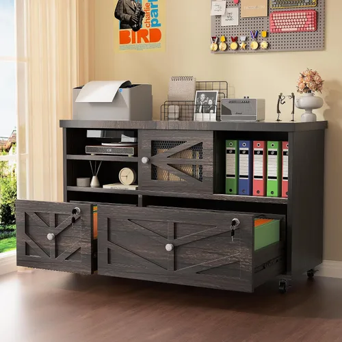 Miniatura 12 de Semoic Archivador de 2 cajones con cerradura, archivador lateral móvil para tamaño carta/legal/A4, estante ajustable de almacenamiento abierto