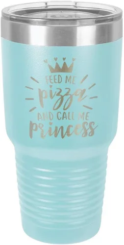 Miniatura 15 de Vaso grabado con pajita y tapa superior deslizante de acero inoxidable para viaje con texto en inglés "FEED ME PIZZA AND CALL ME PRINCESS