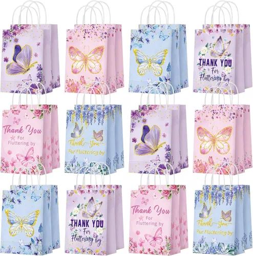 Outus 24 piezas de bolsas de regalo de fiesta de mariposa, bolsas de golosinas de mariposa, bolsas de papel para regalos con mango, morado, azul,