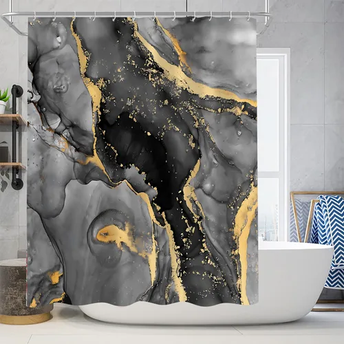 Miniatura 5 de Nkzply Juego de 4 Piezas de Cortina de Ducha de Mármol Negro Gris Moderno Abstracto Juegos de Baño con Cortina de Ducha y Alfombras Cortinas