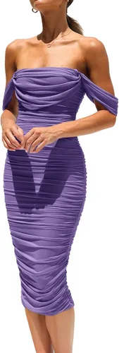 PRETTYGARDEN - Vestido de verano para mujer, con hombros descubiertos, fruncido, entallado, sin mangas, ajustado, para fiesta, club, por debajo de