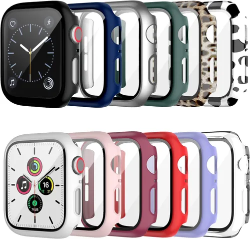 Paquete de 12 fundas de policarbonato con protector de pantalla de vidrio templado para Apple Watch de 1.496 pulgadas, serie 3/2/1, patrones de