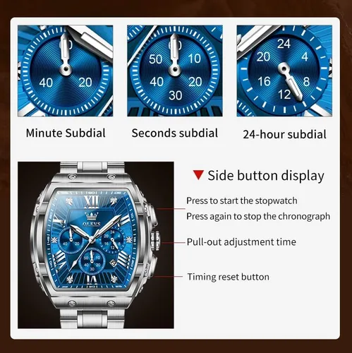 Miniatura 6 de OLEVS Relojes para Hombres Cronógrafo Impermeable Cara Rectangular Fase Lunar Correa de Acero Inoxidable Relojes de Vestir para Hombres Luminoso