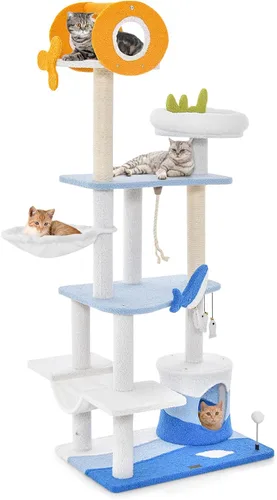 Miniatura 10 de PETSITE Árbol para gatos con temática oceánica para gatos de interior, torre para gatos de varios niveles con postes rascadores de sisal natural