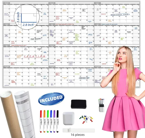 Miniatura 10 de Calendario de pared grande de borrado en seco, calendario de pared anual sin fecha en blanco, pizarra blanca de 38 x 26 pulgadas, planificador