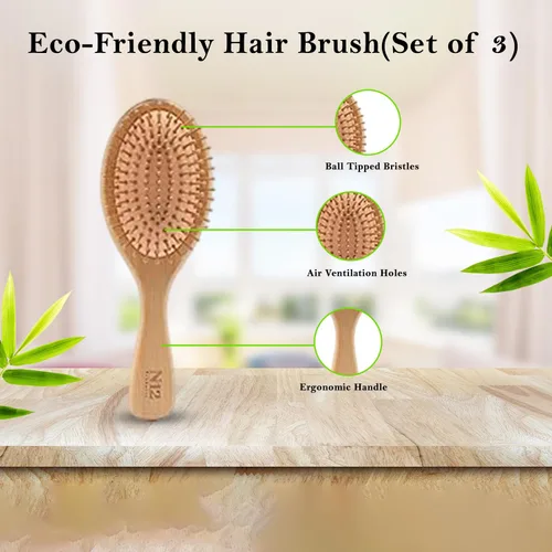 Miniatura 8 de N12 - Juego de 3 cepillos de madera de bambú para mujeres, hombres y niños, peine antiestático para masaje del cuero cabelludo, desenredante