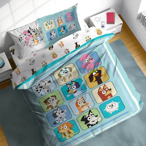 Sunny Side Up Bluey & Friends - Juego de edredón tamaño completo, ropa de cama infantil de 7 piezas, incluye edredón, sábanas y funda de almohada,
