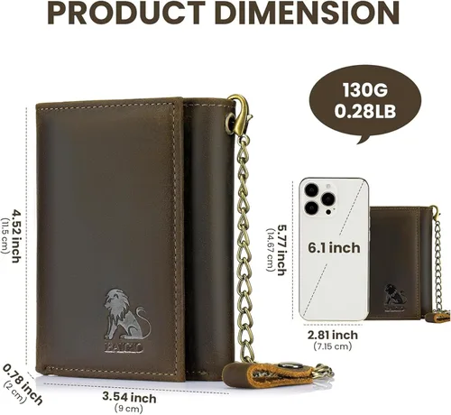 Miniatura 5 de BAIGIO Billetera de cuero genuino con cadena para hombre, con bloqueo RFID, triple pliegue, regalo para el padre