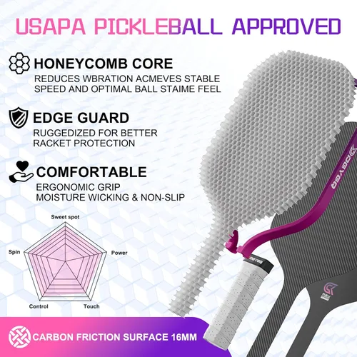 Miniatura 3 de DGYGQ Paletas de pickleball T700SC Power de fibra de carbono con núcleo de panal de polipropileno, mayor potencia para un giro y consistencia