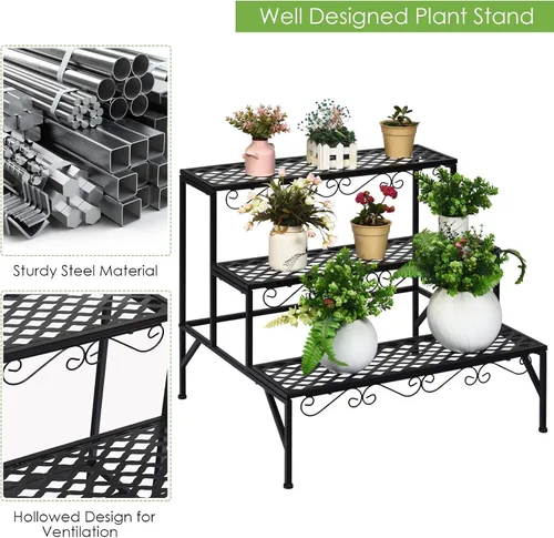 Miniatura 6 de Giantex Soporte de metal negro para plantas de 3 niveles, soportes de metal para plantas con 6-9 soportes de capacidad en maceta, estante