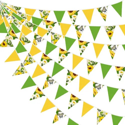 Banderín amarillo y verde de 32 pies con banderines de tela de girasol, mariposa, triangular, guirnalda para decoración de fiesta de primavera y