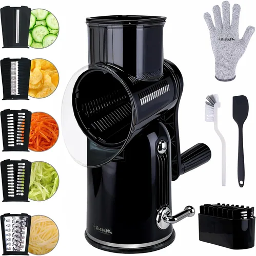 Rallador de queso giratorio 5 en 1, rebanador de verduras con asa, rallador de queso de manivela mejorado con mango y base de succión fuerte, Negro