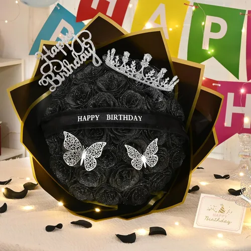 Miniatura 3 de Waipfaru Ramo de rosas con purpurina, regalos de cumpleaños para mujeres y madres, ramo de flores falsas con letreros de cumpleaños, 36 rosas negras