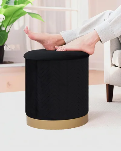 Miniatura 8 de B FSOBEIIALEO Otomana con estraje, otomana redonda de terciopelo con base chapada en oro, taburete reposapiés para dormitorio, sala de estar, negro