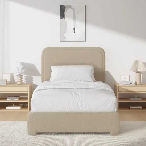 Miniatura 3 de BarnFurin Base de cama individual con cabecero, cama de plataforma tapizada Cloud Boucle, esquinas redondeadas suaves, no necesita somier, Beige