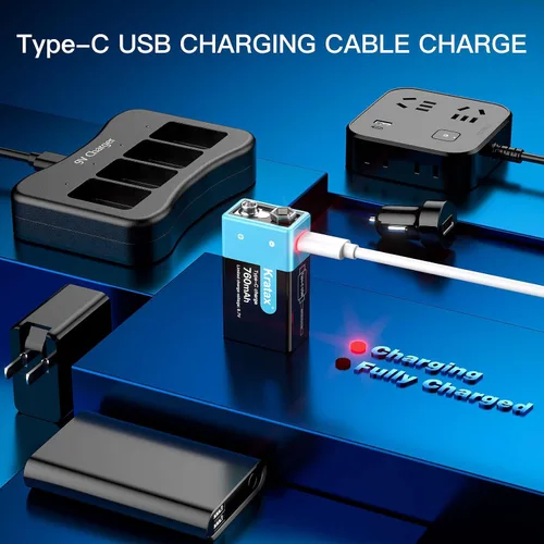 Miniatura 5 de Kratax Baterías de litio recargables USB de 9 V, paquete de 2 baterías recargables de iones de litio de 760 mAh de 9 voltios con cable de carga