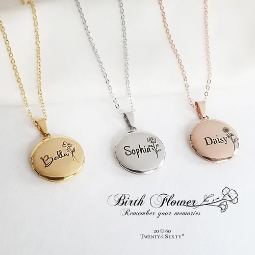 Miniatura 2 de TwentySixty Collar con medallón de círculo personalizado para mujeres niñas niños sostiene fotos flor de nacimiento personalizada y grabada collar