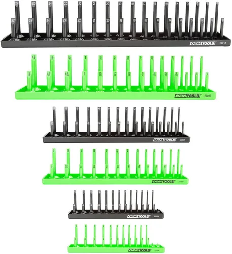 Miniatura 16 de OEMTOOLS 22413 Juego de 6 bandejas de enchufes SAE y métricos, almacenamiento de enchufes SAE y métrico para tamaños de 1/4", 3/8" y 1/2", soportes