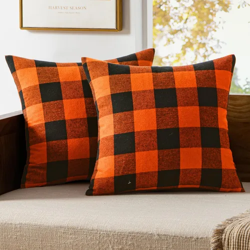 Miniatura 10 de MIULEE - Paquete de 2 fundas de almohada decorativas clásicas de Navidad de lino y poliéster a cuadros de granja, color negro sólido y rojo