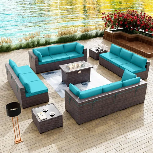 Miniatura 27 de Kullavik Juego de 13 muebles de patio al aire libre con mesa de fogata de gas propano de 43 pulgadas, 55000 BTU, mimbre de polietileno, sofá Arena