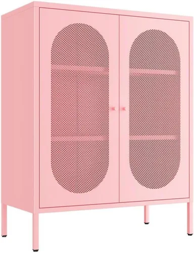 Miniatura 13 de Soporte de metal para TV, armario de almacenamiento con 2 puertas acrílicas, armario rosa con estante ajustable, gabinete lateral para el hogar