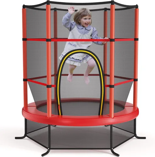Miniatura 10 de Giantex - Trampolín infantil de 55”, con red de seguridad y almohadilla de resorte, marco de acero resistente con cremallera integrada, Verde