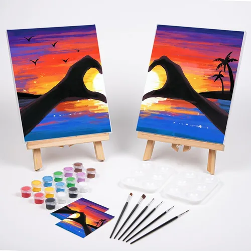 Miniatura 2 de VOCHIC Kit de pintura para sorbos y pinturas, lienzo predibujado para parejas, kit de pintura para adultos, citas, noche, atardecer, corazón