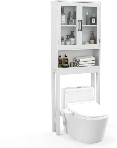 Miniatura 3 de Armario sobre el inodoro, organizador de almacenamiento de baño con puertas de vidrio templado dobles y estante ajustable, estante de inodoro