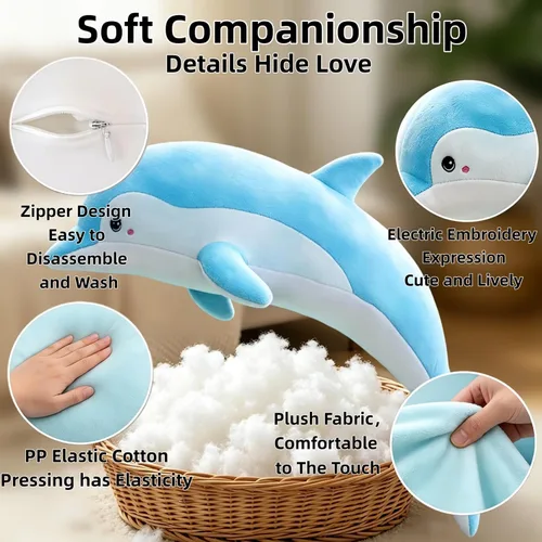 Miniatura 5 de RYOLOY Almohada de peluche de delfín, almohada gigante de peluche de 39.3 pulgadas, suave felpa del océano marino, regalos para todas las edades