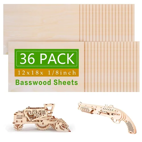 Miniatura 10 de Paquete de 36 hojas de tilo, tablero de madera contrachapada de 1/8 pulgadas, madera sin acabar, madera contrachapada de 0.118 in para corte láser