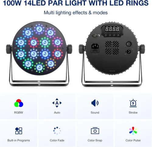Miniatura 3 de Luces LED Par de escenarios: 100 W regulables de doble efecto 10 anillos LED rodeado de 14 RGBW Par Can - Control remoto y DMX - para fiesta de DJ