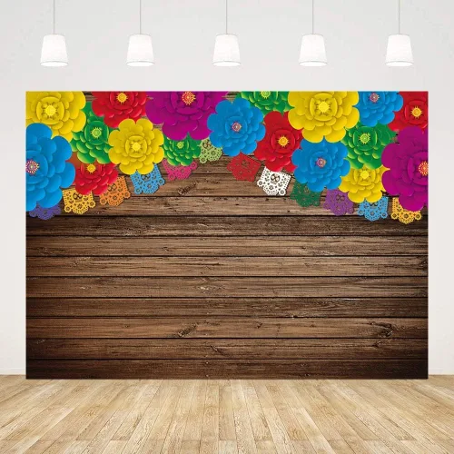 Miniatura 3 de AIBIIN Telón de fondo de fotos de fiesta mexicana de 8 x 6 pies, banderas rústicas de madera con flores coloridas, fondo de fotografía, cumpleaños