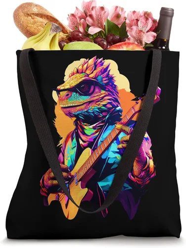 Miniatura 4 de Cool animal lovers synthwave art bearded dragon guitarist Tote Bag