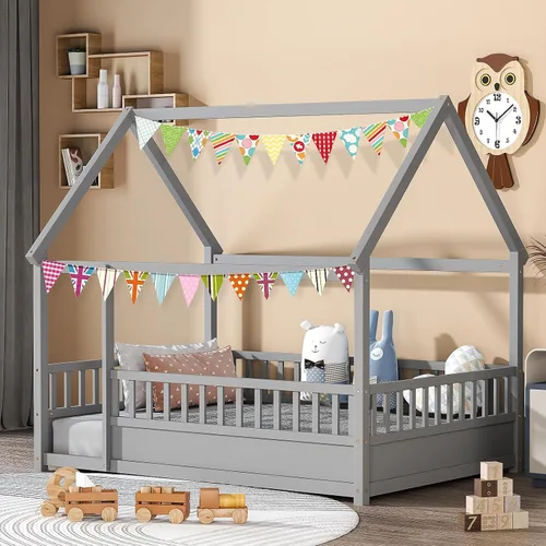 Miniatura 8 de Zevemomo Cama de suelo tamaño individual para niños y niños, cama de piso Montessori individual con barandillas de seguridad y puerta, cama de piso