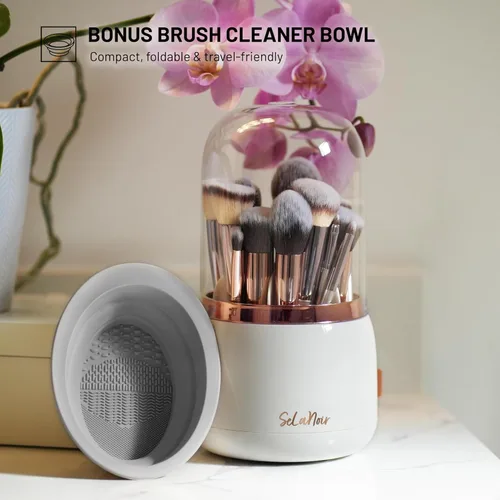 Miniatura 3 de Soporte giratorio para brochas de maquillaje con tapa, organizador de tocador a prueba de polvo para brochas de maquillaje, cuenco limpiador