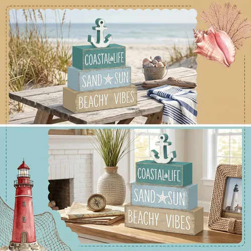 Miniatura 7 de 4 piezas de decoración de mesa de ancla costera para el hogar, decoración náutica de bandeja escalonada de playa, letreros de madera para la vida