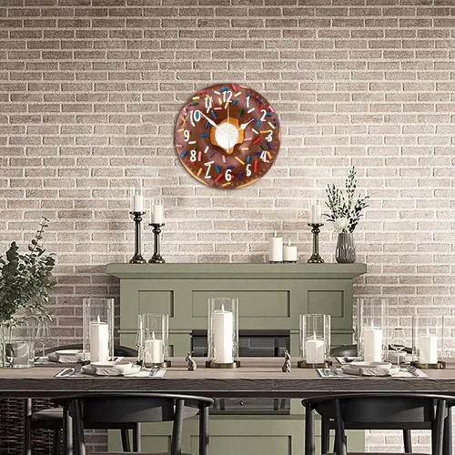 Miniatura 7 de Reloj de pared redondo de madera con forma de dona y alimento, movimiento de barrido, reloj de pared de estilo moderno, adecuado para dormitorio