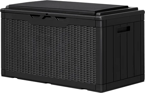 GUNJI Caja de resina de 100 galones con cojín, caja de almacenamiento grande resistente a la intemperie al aire libre, contenedor de almacenamiento