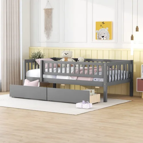 Sofá cama de tamaño individual con 2 cajones de almacenamiento, cama Montessori de madera de pino con rieles de valla para niños y niñas, no