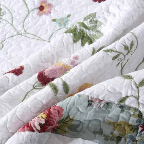 Miniatura 7 de vctops Juego de edredón bordado de algodón floral de 3 piezas, elegante, reversible, ligero, suave, con 2 fundas de almohada