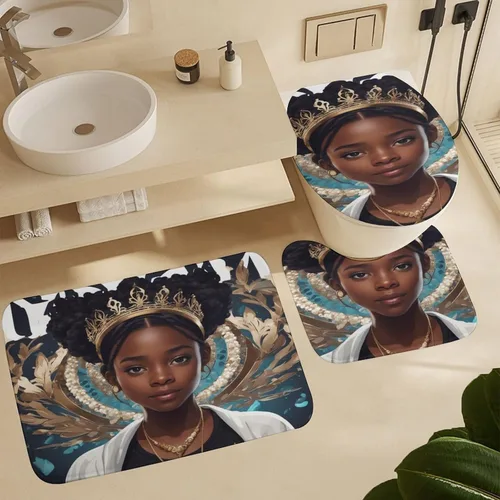 Juego de alfombras de baño de 3 piezas, antideslizantes y suaves, para mujeres afroamericanas, tapete de baño con corona de reina afroamericana,