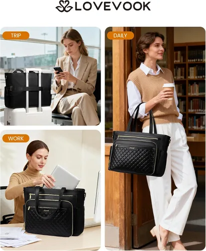 Miniatura 2 de LOVEVOOK: bolsa de mano para profesores con bolsillo de acordeón, maletín de trabajo de cuero PU suave acolchado, bolsa para laptop con portavasos