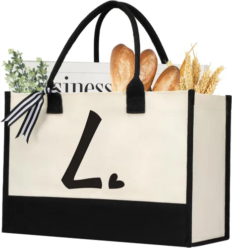 Miniatura 25 de shenee - Bolsa de lona con inicial, bolsa de yute personalizada para la playa, regalo de vacaciones para mujeres, cumpleaños de amigos, boda, año