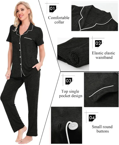 Miniatura 3 de SWOMOG conjunto de pijama de dos piezas para mujer, ropa de dormir de manga corta, con botones, pantalones largos