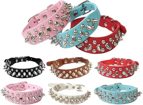 Miniatura 7 de Dogs Kingdom Collar de piel suave con remaches y picos de piel suave, hebilla ajustable, para perros pequeños, medianos y grandes, color rosa, XXS