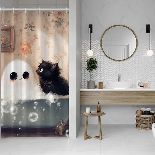 Cortina de ducha de fantasma y gato negro para niños, 36 x 72 pulgadas, espeluznante y bonita, cortina de baño de Halloween con 6 ganchos, cortina