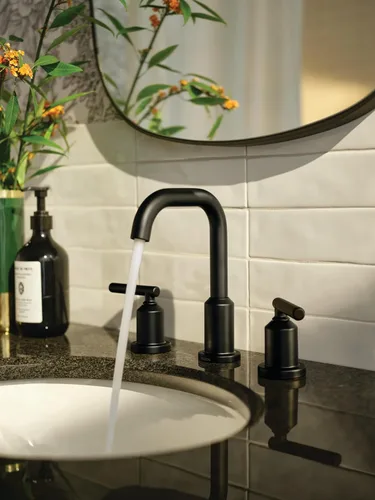 Miniatura 5 de Moen Gibson Grifo de Lavabo de Baño Moderno de Arco Alto Extenso de Dos Manijas Negro Mate, Grifo de Baño Moderno para Lavabos de Baño de Tres
